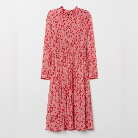 H&M Pink Red Hearts Crepe Long Sleeve Midi Dress Women’s Size US 4 Petite - Picture 1 of 10